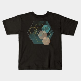 Blue watercolor and gold geometric hexagons Kids T-Shirt